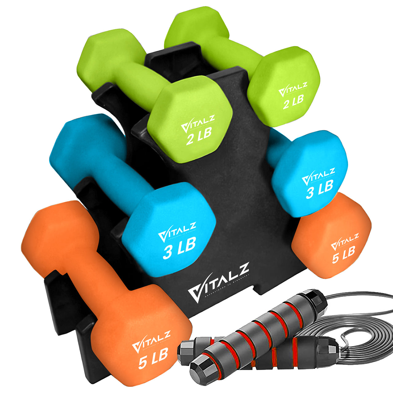 Set Mancuernas Neopreno 2 3 5 lb Con Rack Multicolor Fitness