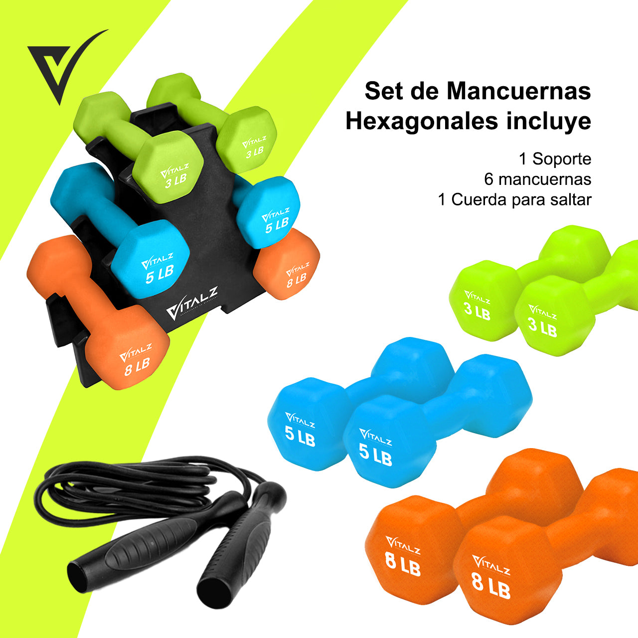 Kit De Pesas Mancuernas Neopreno 3 5 8 Lb Rack Ejercicio Color Multicolor