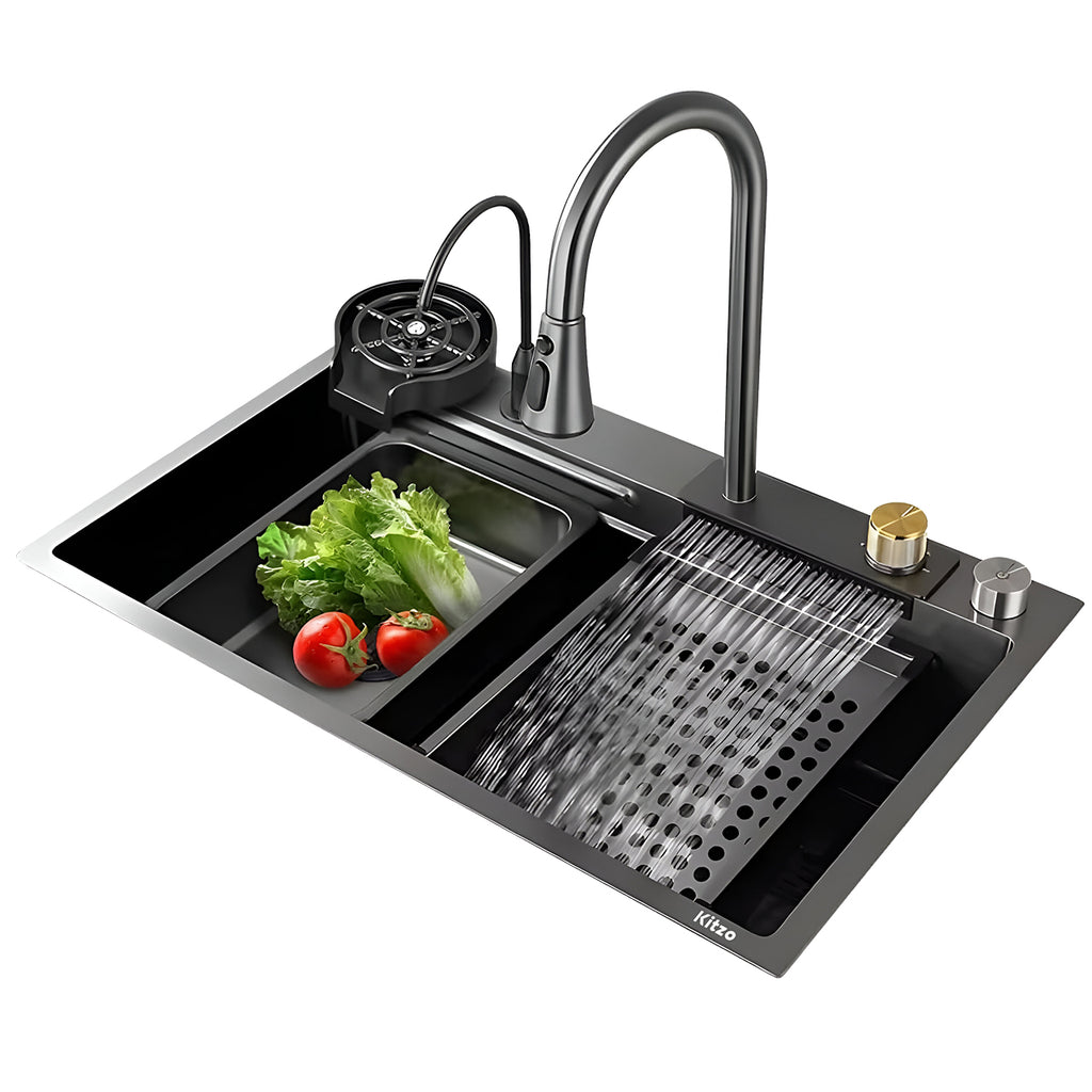 Fregadero Para Cocina Tarja De Acero Inoxidable Con Cascada 80x45x22cm Organizador Duradero Antirayones Doble Tina Negra