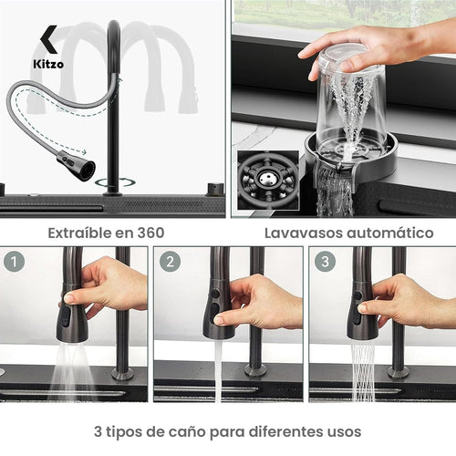 Fregadero Para Cocina Tarja De Acero Inoxidable Con Cascada 80x45x22cm Organizador Duradero Antirayones Doble Tina Negra