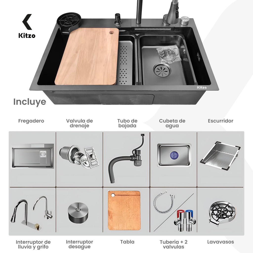 Tarja de Cocina con Cascada y Accesorios – Acero Inoxidable Duradero