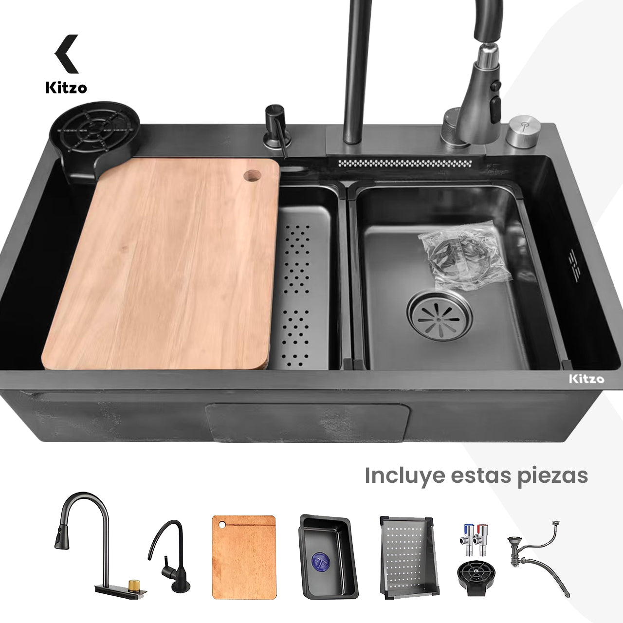 Fregadero Para Cocina Tarja De Acero Inoxidable Con Cascada 80x45x22cm Organizador Duradero Antirayones Doble Tina Negra