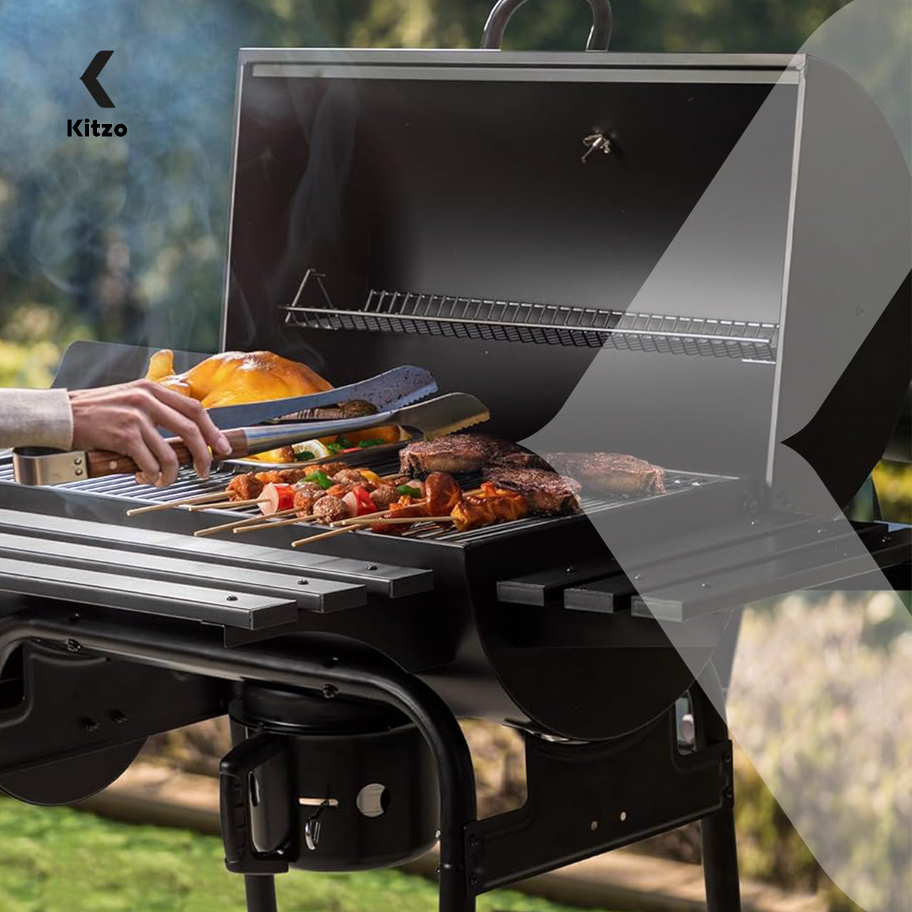 Kitzo - Asador de carbón   Parrilla de Carbón Premium   Con Tapa y Doble Nivel