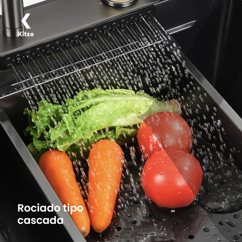 Fregadero Para Cocina Tarja De Acero Inoxidable Con Cascada 80x45x22cm Organizador Duradero Antirayones Doble Tina Negra