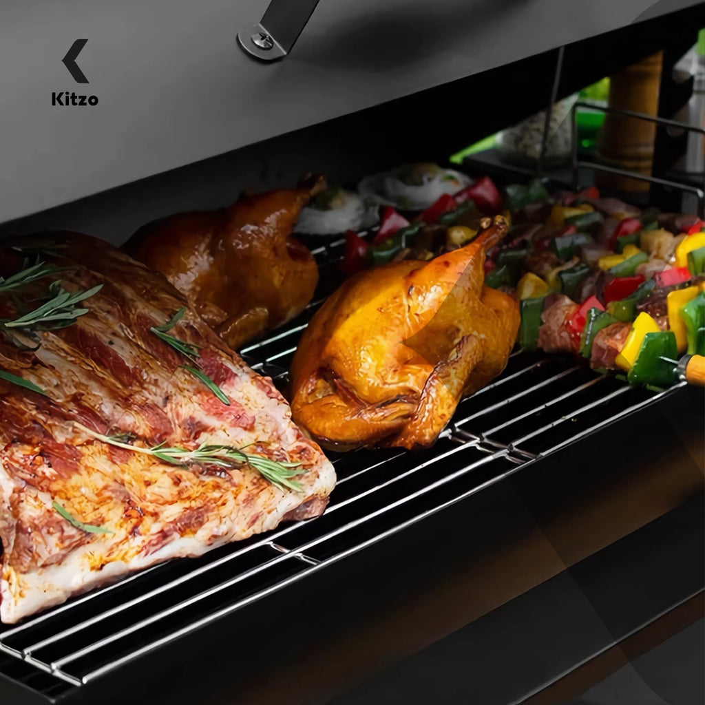 Kitzo - Asador de carbón   Parrilla de Carbón Premium   Con Tapa y Doble Nivel
