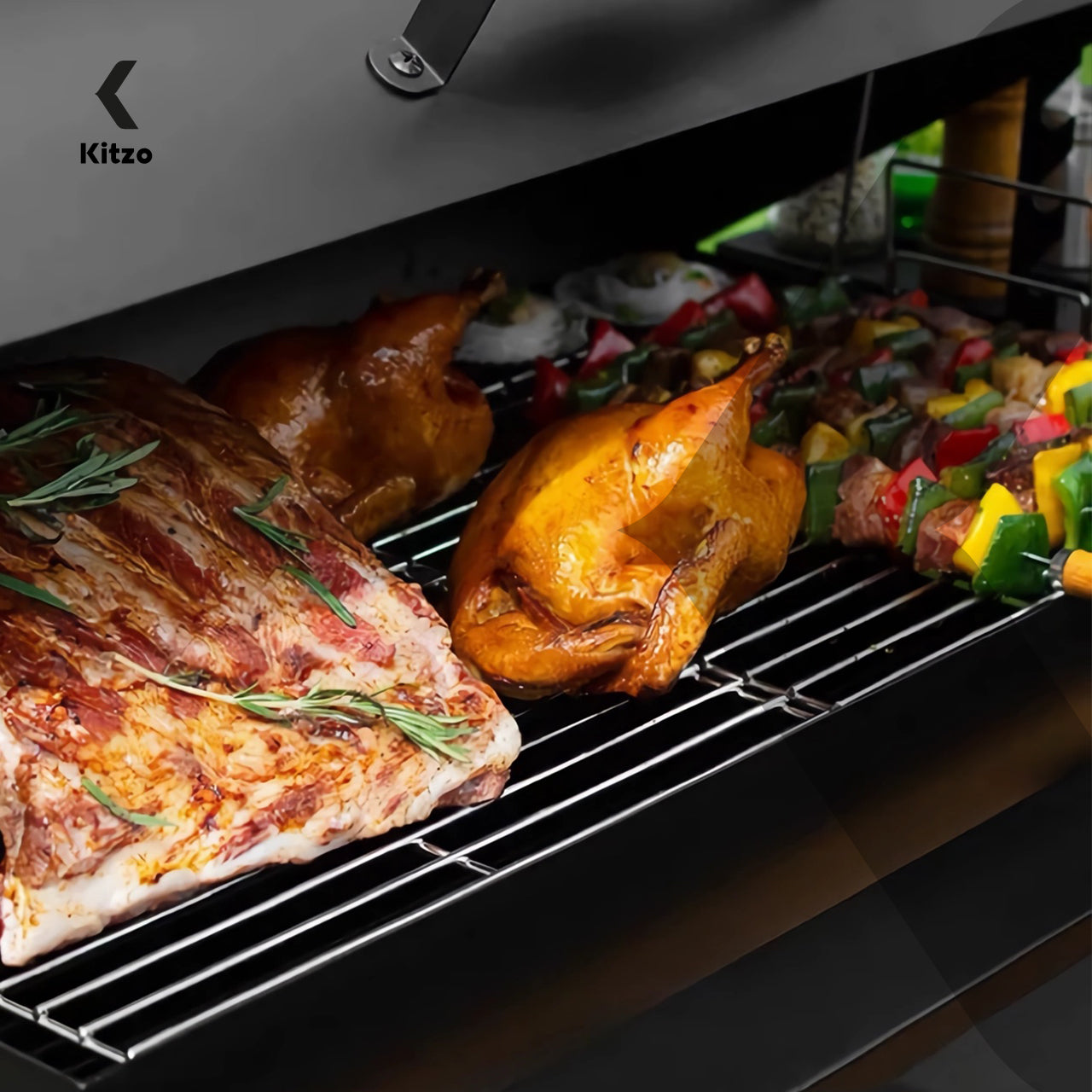 Kitzo - Asador de carbón   Parrilla de Carbón Premium   Con Tapa y Doble Nivel