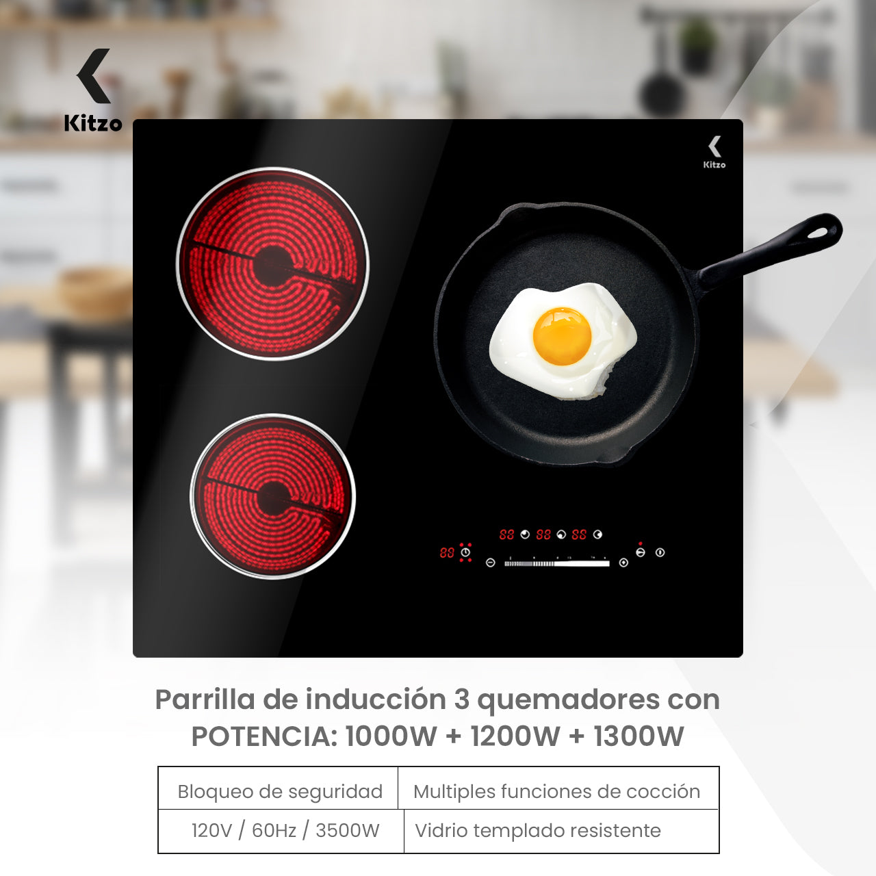 Kitzo - Parrilla de Inducción Eléctrica de 3 Quemadores