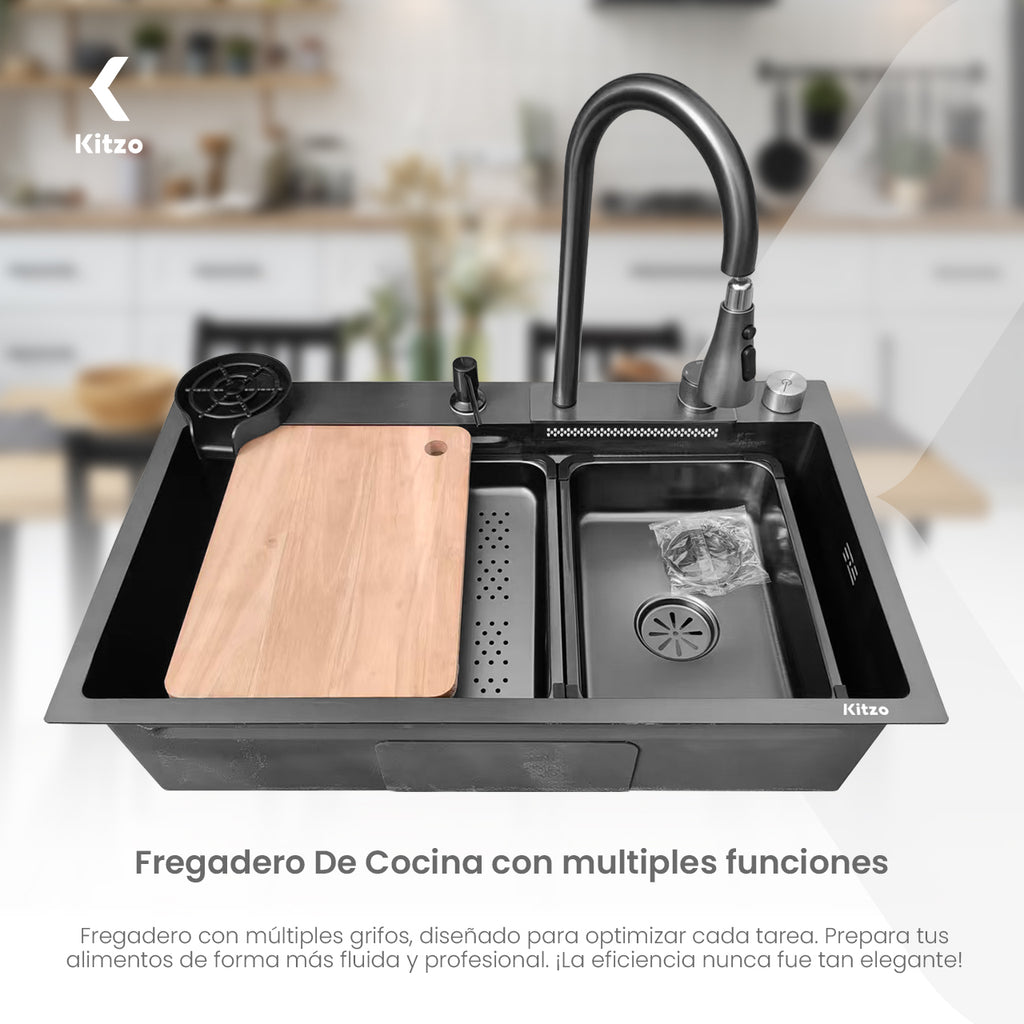 Fregadero Para Cocina Tarja De Acero Inoxidable Con Cascada 80x45x22cm Organizador Duradero Antirayones Doble Tina Negra