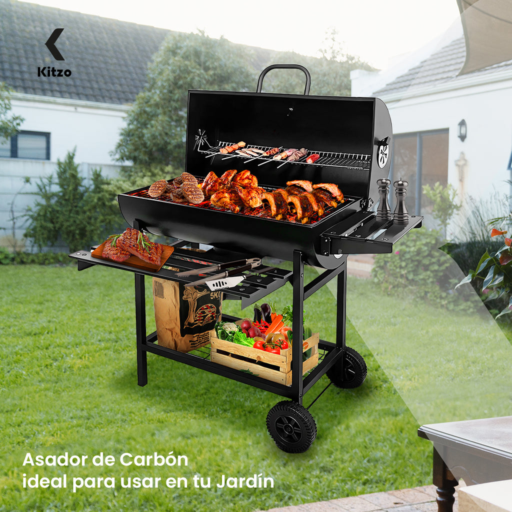 Kitzo - Asador de carbón   Parrilla de Carbón Premium   Con Tapa y Doble Nivel