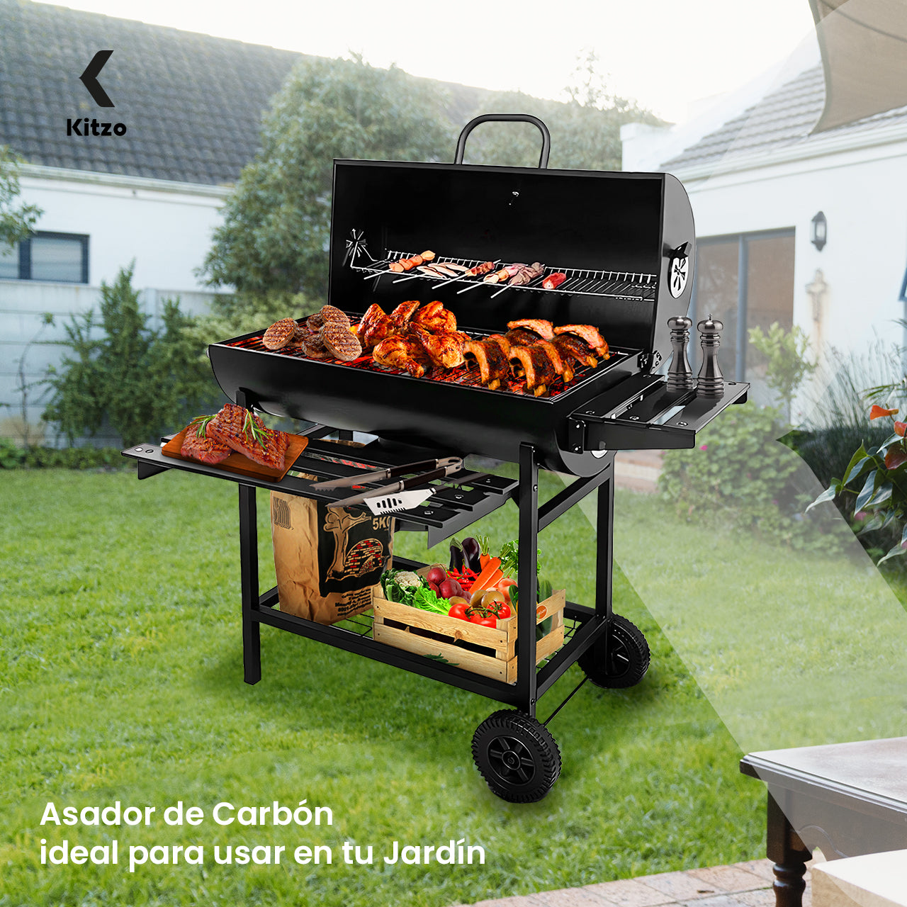 Kitzo - Asador de carbón   Parrilla de Carbón Premium   Con Tapa y Doble Nivel