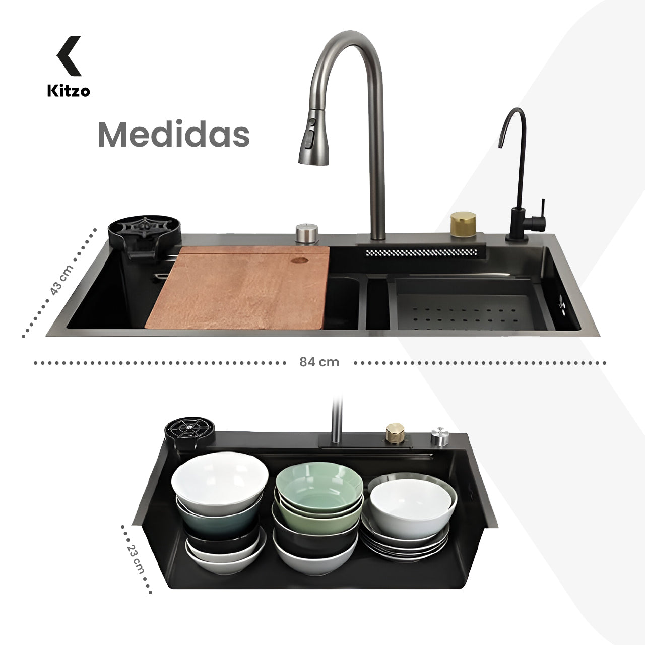 Fregadero Para Cocina Tarja De Acero Inoxidable Con Cascada 80x45x22cm Organizador Duradero Antirayones Doble Tina Negra