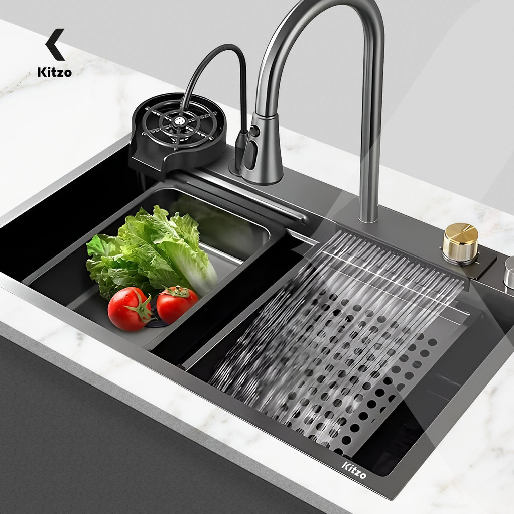 Fregadero Para Cocina Tarja De Acero Inoxidable Con Cascada 80x45x22cm Organizador Duradero Antirayones Doble Tina Negra