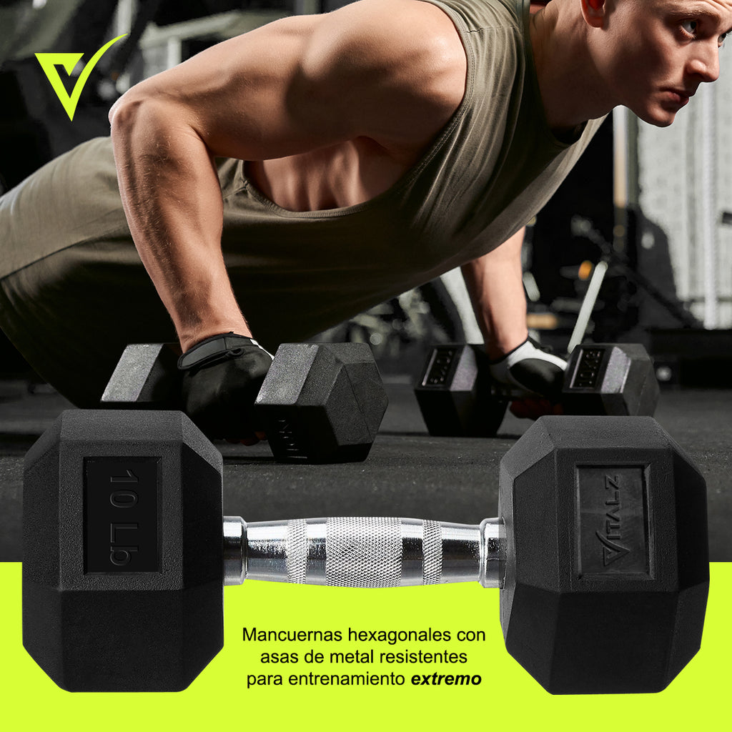 Par Mancuernas Pesas Hexagonales Caucho 10lb/4.5kg Crossfit Color Negro