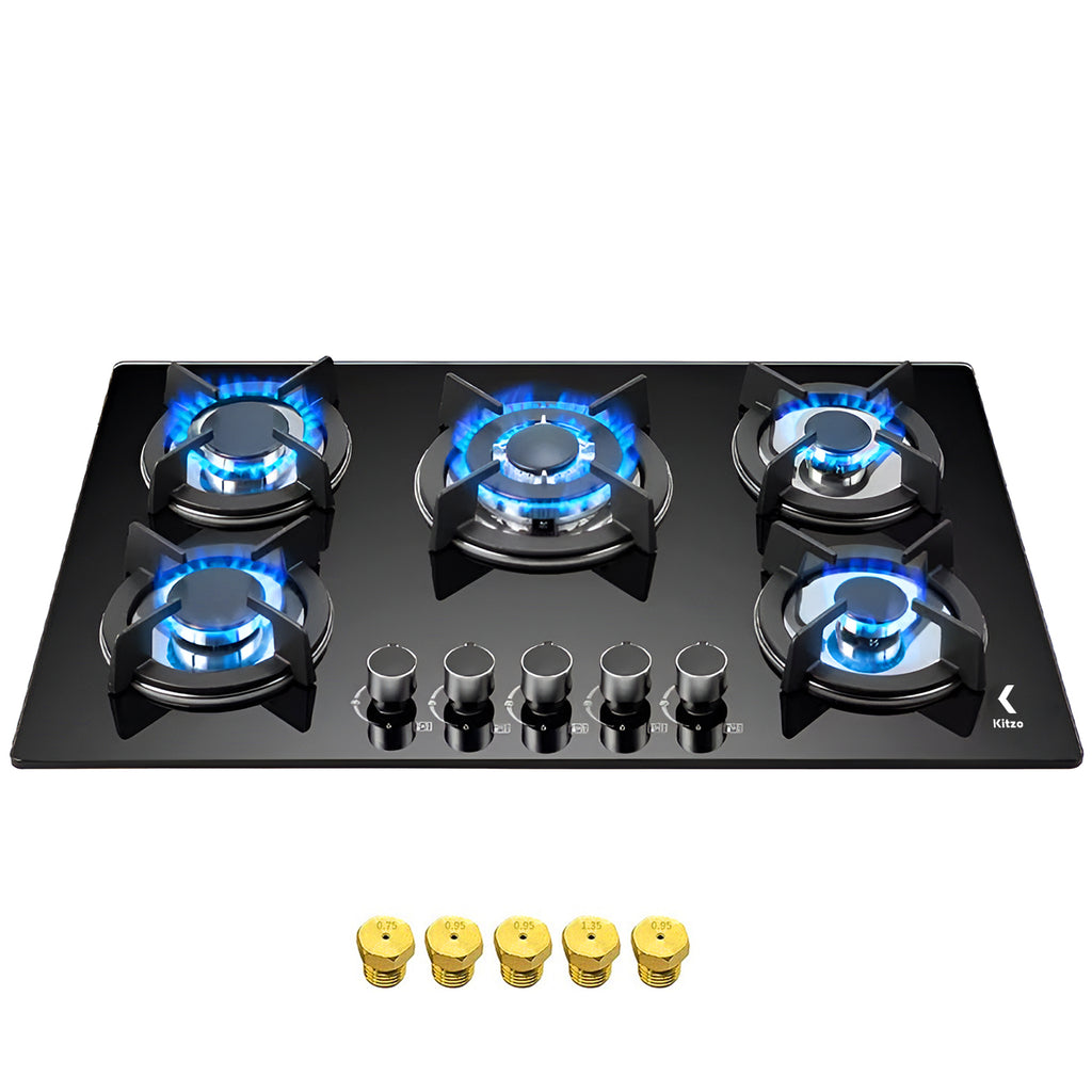 KITZO Estufa Empotrable 5 Quemadores – Vidrio Templado Negro