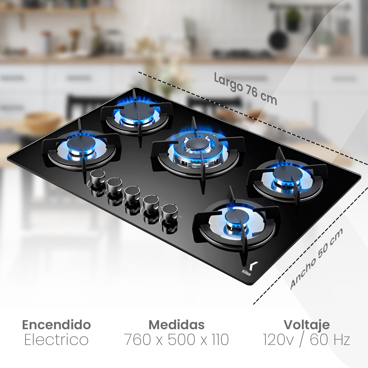 KITZO Estufa Empotrable 5 Quemadores – Vidrio Templado Negro