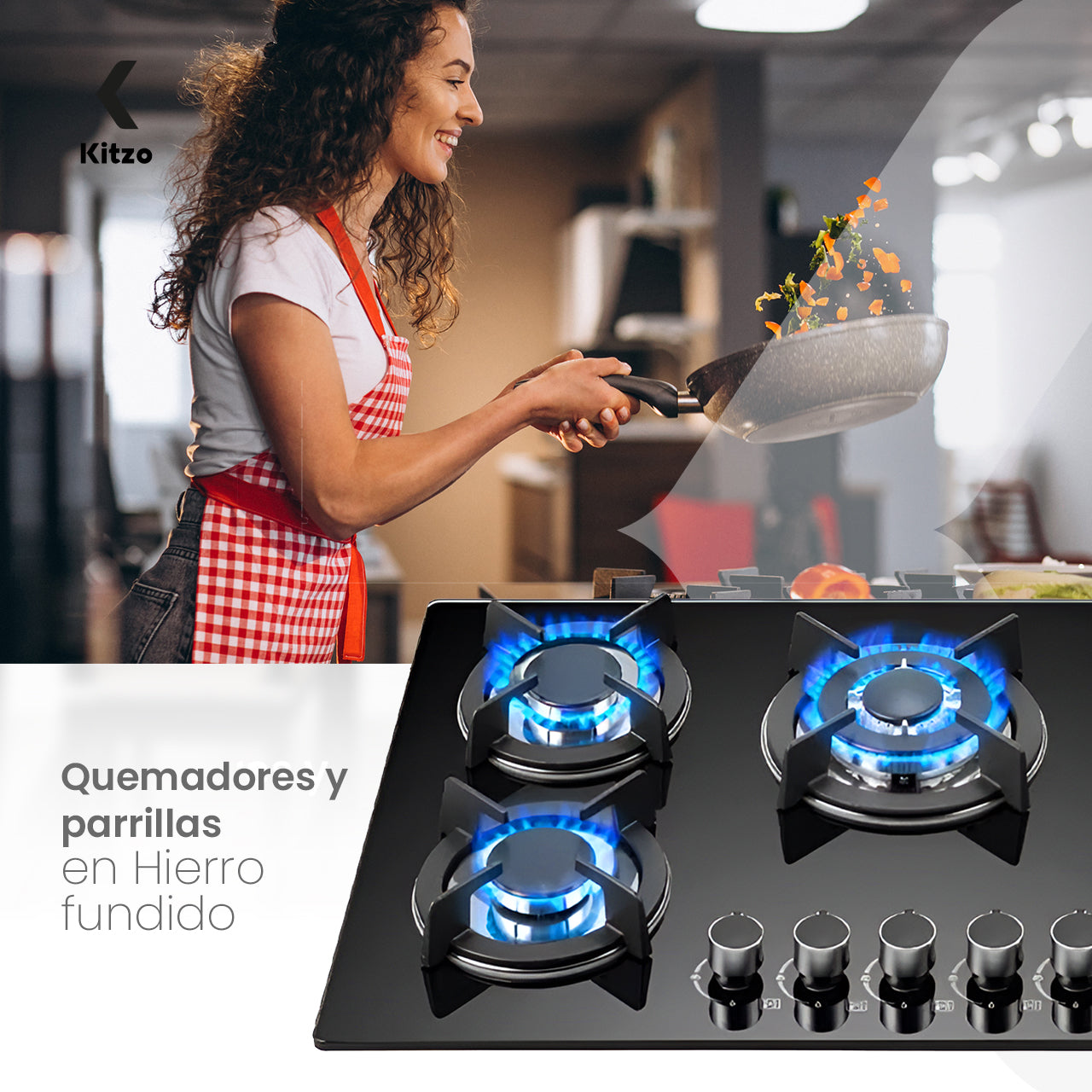 KITZO Estufa Empotrable 5 Quemadores – Vidrio Templado Negro
