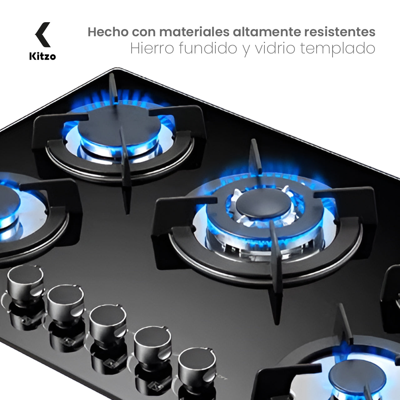 KITZO Estufa Empotrable 5 Quemadores – Vidrio Templado Negro