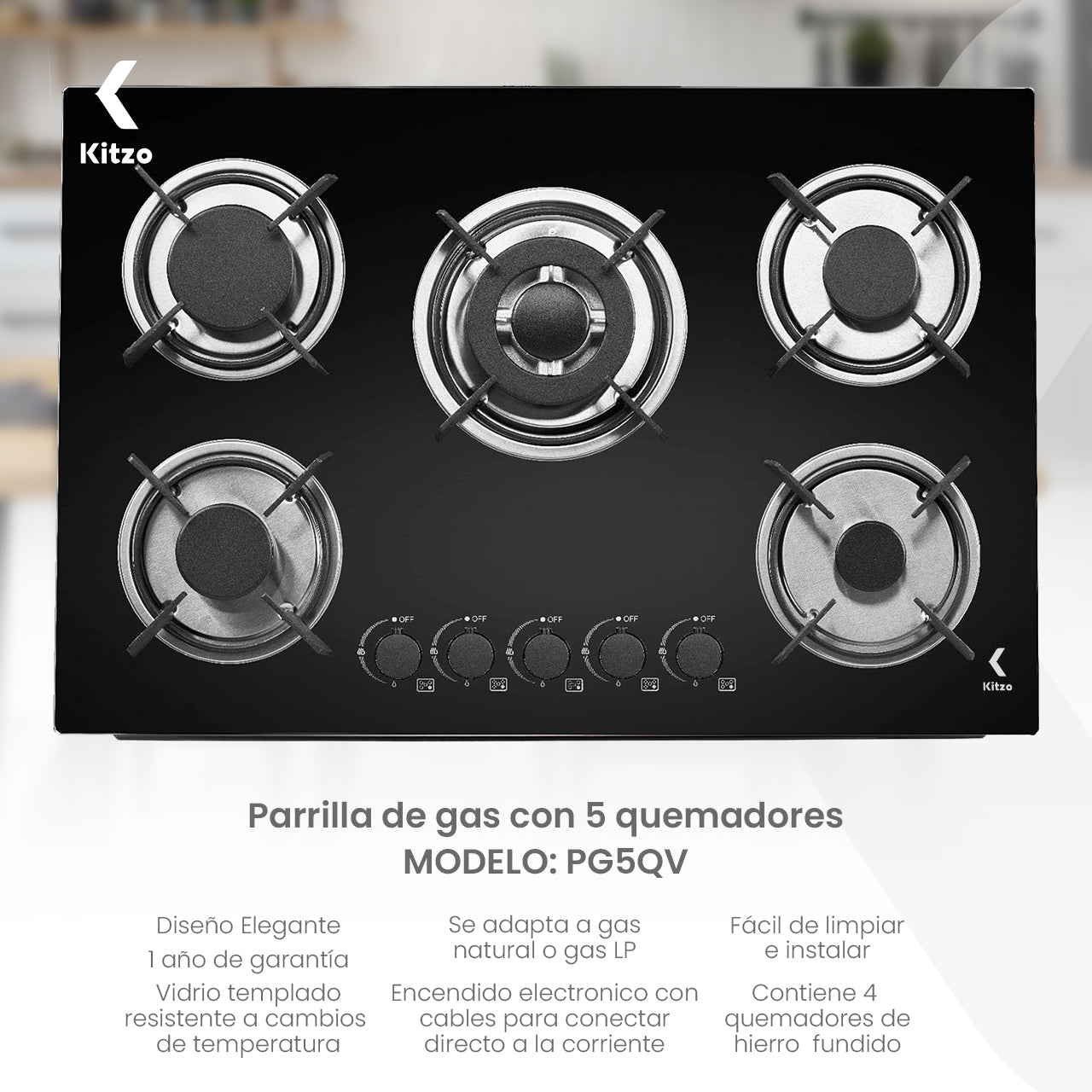 KITZO Estufa Empotrable 5 Quemadores – Vidrio Templado Negro