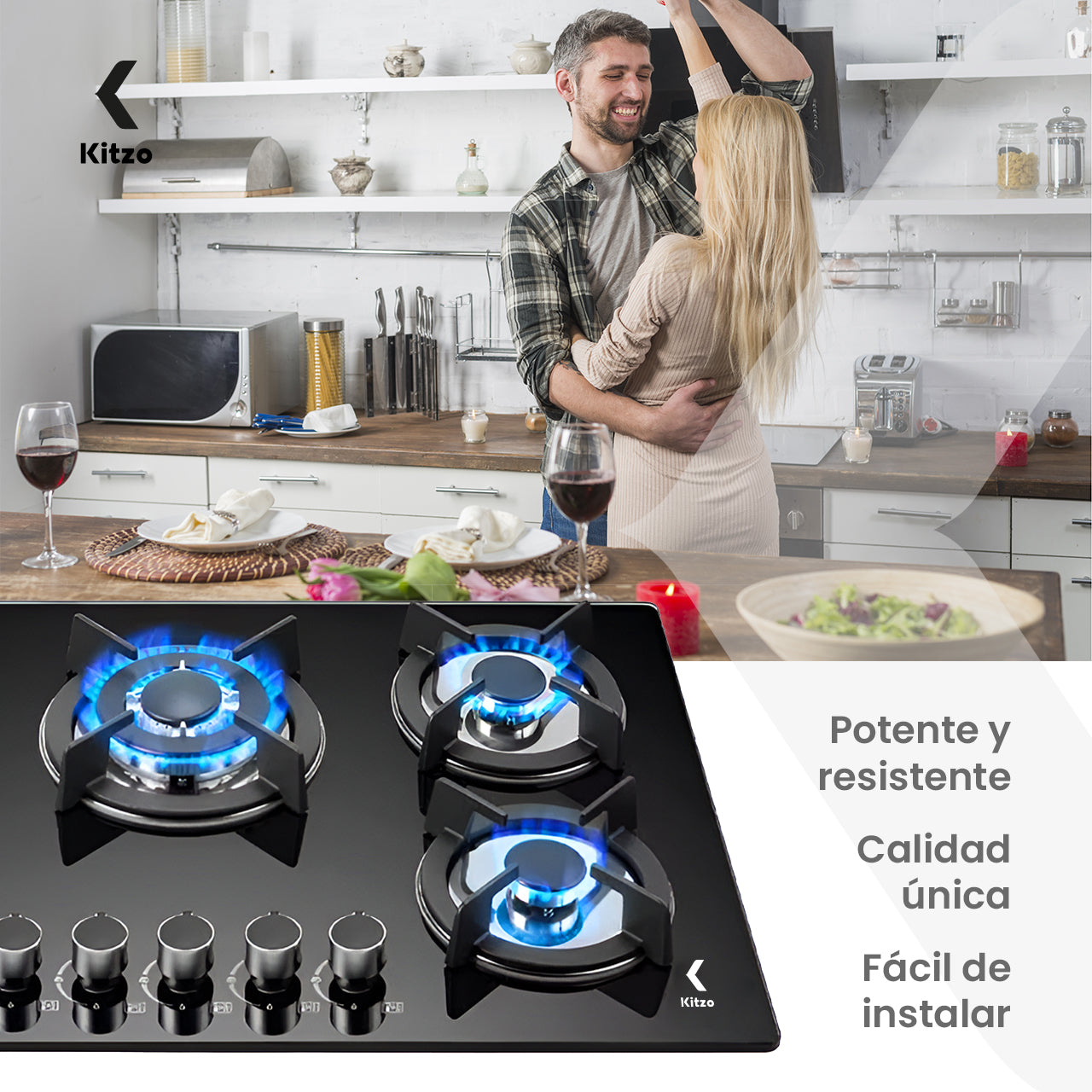 KITZO Estufa Empotrable 5 Quemadores – Vidrio Templado Negro