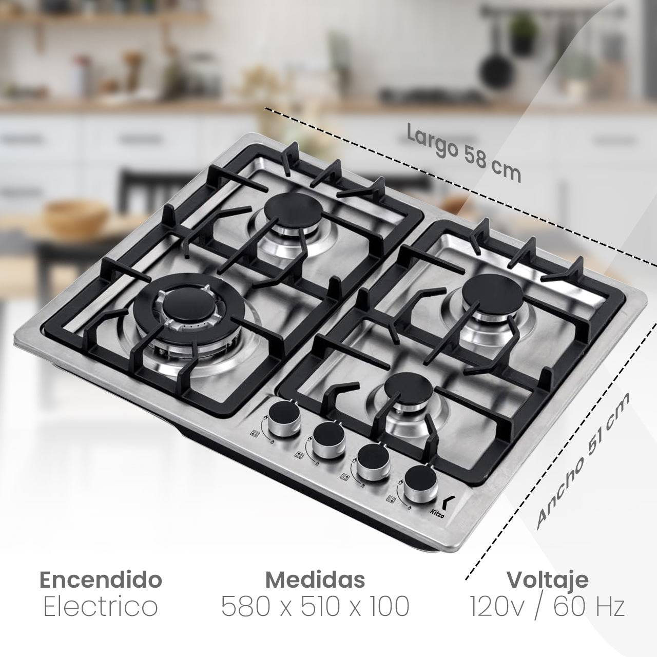 KITZO Parrilla de Gas Empotrable Premium – 4 Quemadores