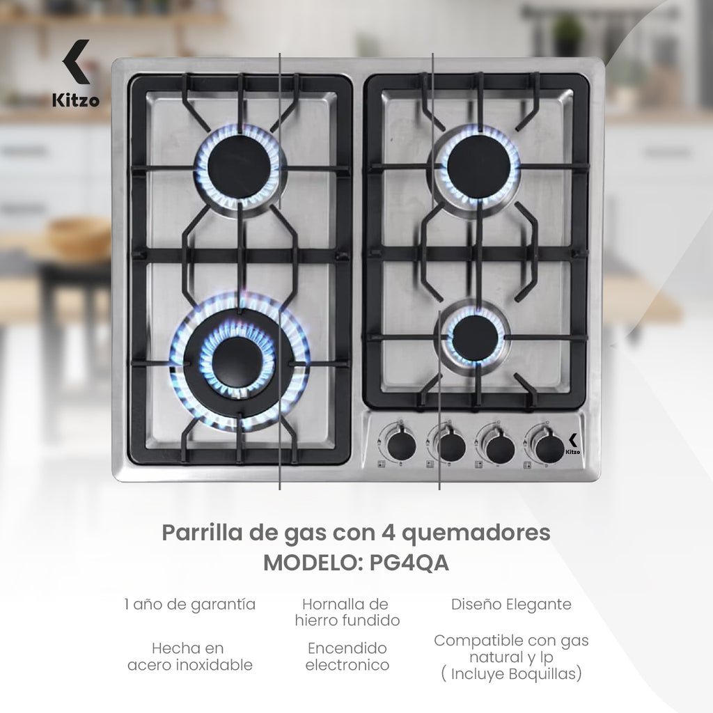 KITZO Parrilla de Gas Empotrable Premium – 4 Quemadores