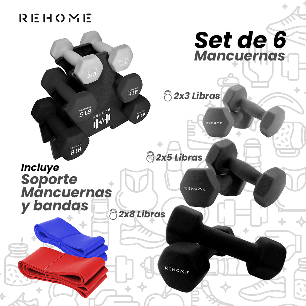 Kit De Pesas Mancuernas Neopreno 3 5 8 Lb Soporte Ejercicio Color Gris